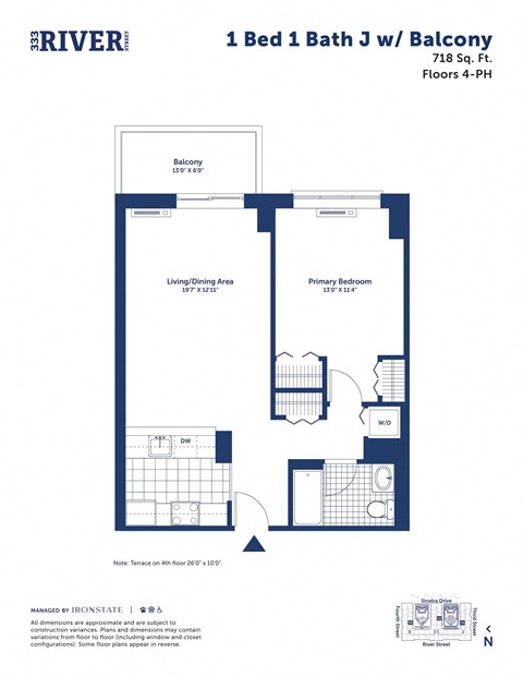 Floor plan for 1 bed, 1 bath, 718 sqft